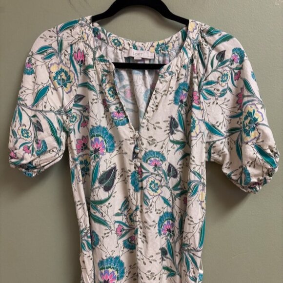 LOFT Womens Midi Dress Size M Linen Floral V-Neck Puff Sleeve Cottagecore Praire - Picture 2 of 10